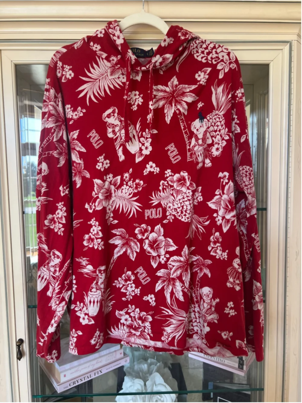 Polo Ralph Lauren Tee Hoodie XL Red White Tropical Bear Print Worn 1x